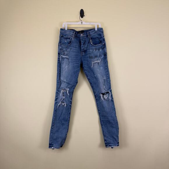PURPLE BRAND Ripped Knee Blowout Slim Jeans Blue Distressed Denim P002 Size 34 - Picture 1 of 10